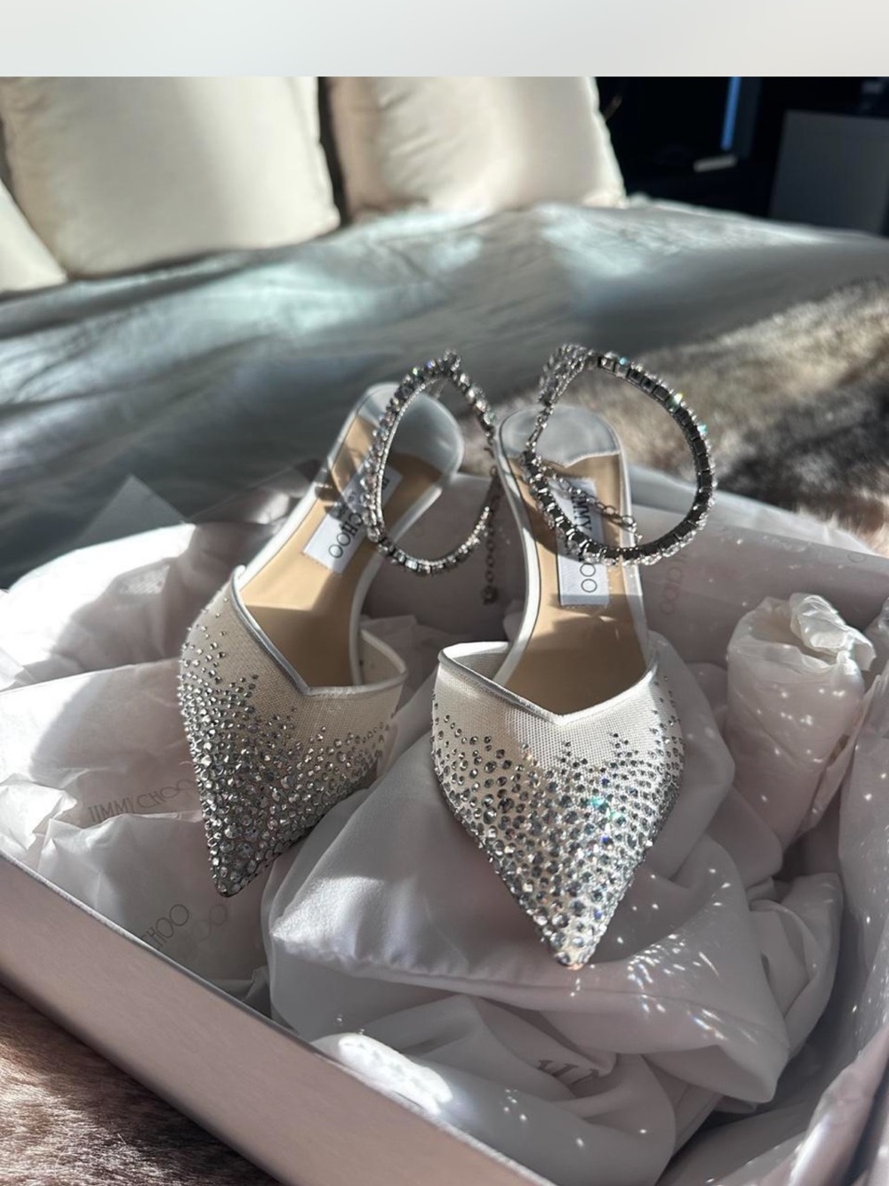 Jimmy Choo Saeda 100 White Crystal Mesh Pumps